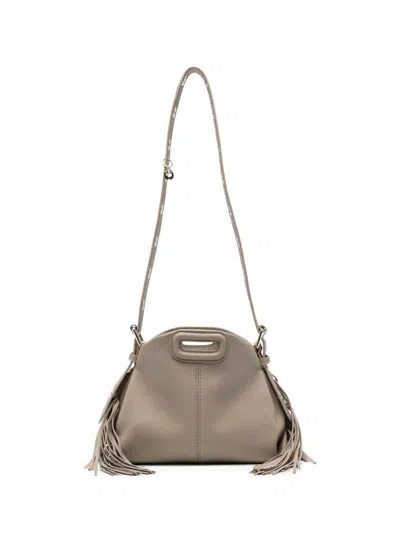 Maje Mini Miss M Fringed Grained-leather Shoulder Bag In Neutral