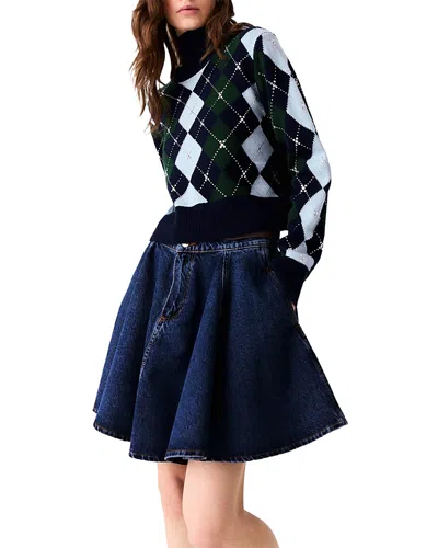 Maje Mirgy Wool Rhinestone Argyle Sweater In Navy/green