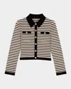 Maje Womens Bleus Cropped Stripe Ribbed-knit Cardigan In Navy / Ecru