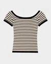 Maje Rib Knit Short Sleeve Boat Neck Top In Navy / Ecru
