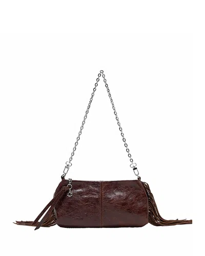 Maje Miss M Fringed Worn Leather Clutch In Brown