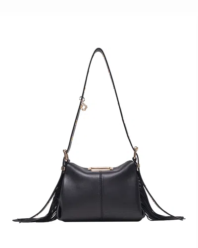 Maje Miss M Mini Fringed Black Leather Crossbody Bag