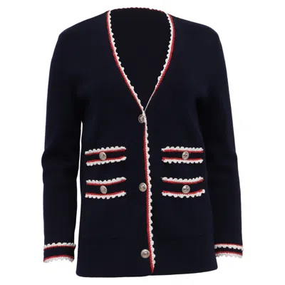 Maje Moulinette Contrast Trim Cardigan In Navy Blue Cotton