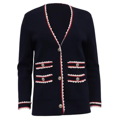Pre-owned Maje Moulinette Contrast Trim Cardigan In Navy Blue Cotton