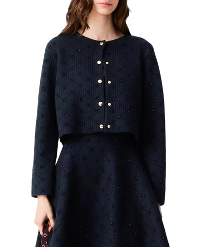 Maje Mowill Jacquard Sequin Crewneck Cardigan In Blue