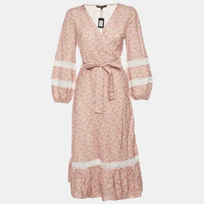 Maje Multicolor Floral Print Linen Blend Wrap Midi Dress In Brown