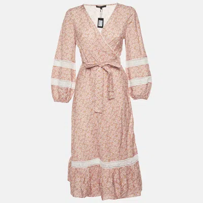 Maje Multicolor Floral Print Linen Blend Wrap Midi Dress