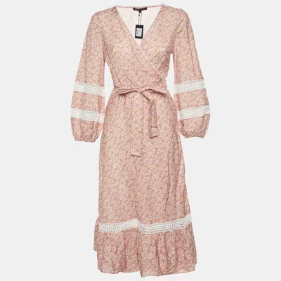 Pre-owned Maje Multicolor Floral Print Linen Blend Wrap Midi Dress S