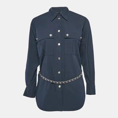 Pre-owned Maje Navy Blue Brass Belted Cotton Oversized Shirt Xs