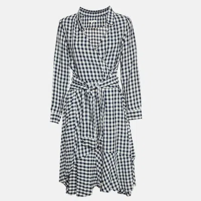 Maje Navy Blue Gingham Crepe Asymmetric Raprita Midi Dress In Black