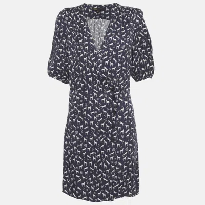 Pre-owned Maje Navy Blue Horse Print Jacquard Mini Wrap Dress M