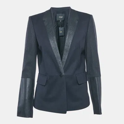 Pre-owned Maje Navy Blue Leather Trim And Wool Single Breasted Blazer M