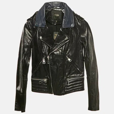 Pre-owned Maje Navy Blue Leather Zip-up Leather Jacket S