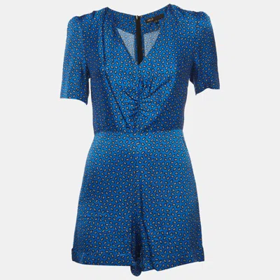 Pre-owned Maje Navy Blue Printed Satin Short Sleeve Playsuit S