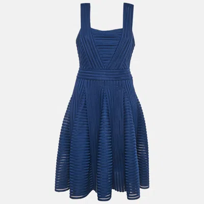 Pre-owned Maje Navy Blue Striped Jersey & Mesh Sleeveless Mini Dress L