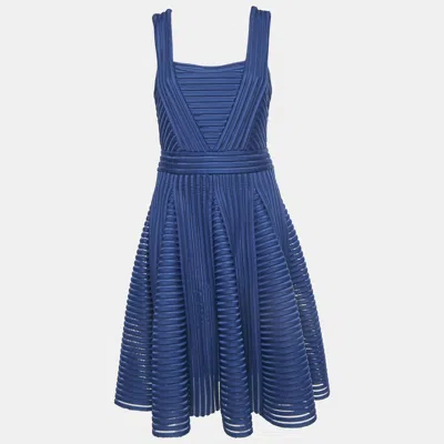 Pre-owned Maje Navy Blue Striped Jersey & Mesh Sleeveless Mini Dress L