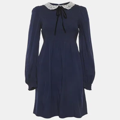 Pre-owned Maje Navy Blue Synthetic Smocked Guipure Collar Mini Dress M