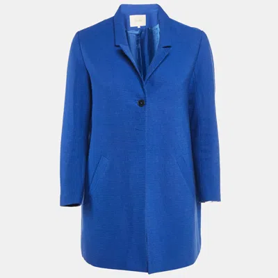 Maje Navy Blue Textured Cotton Blend Overcoat