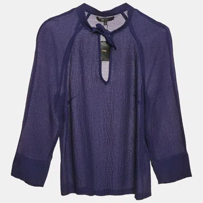 Maje Navy Blue Textured Silk Tie-up Neck Detail Top