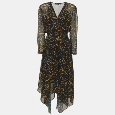 Pre-owned Maje Navy Blue/yellow Printed Chiffon Midi Dress M