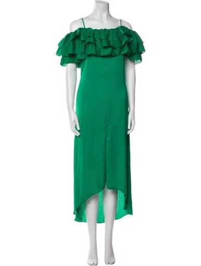 Pre-owned Maje Off-the-shoulder Long Dress In Green