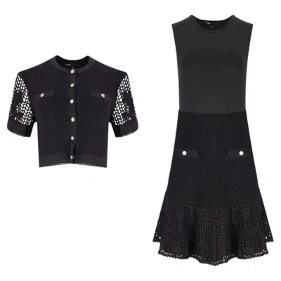 Pre-owned Maje Openwork Crochet Two-in-one Dress & Cardigan Set In Black
