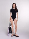 Maje Openwork Knit Bodysuit In Black
