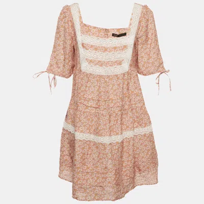Pre-owned Maje Orange Floral Printed Linen Blend Lace Braid Dress L