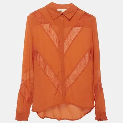 Pre-owned Maje Orange Silk Lace Detail Shirt Xs