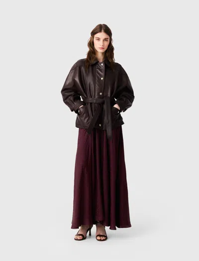 Maje Oversize Gold-button Leather Jacket In Brown