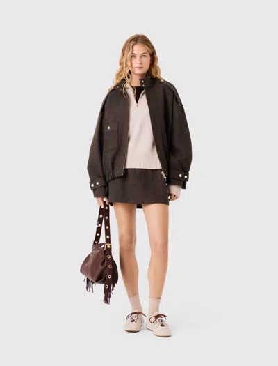Maje Oversized Wool Jacket In Dark Brown