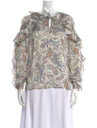 Pre-owned Maje Paisley Print Tie Neck Blouse W/ Tags In Grey