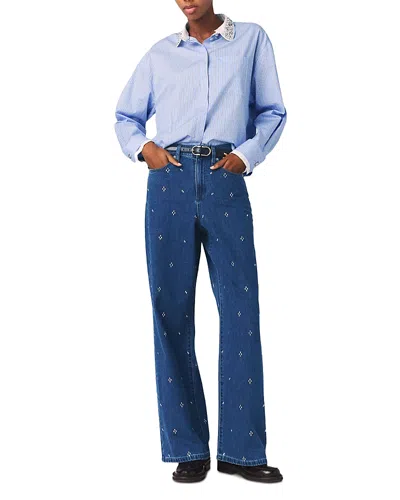 Maje Womens Blue Wide-leg Rhinestone-embellished Denim Jeans