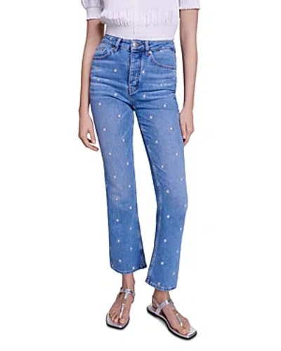 Maje Womens Bleus Embroidered Sun Flared-leg High-rise Stretch-denim Jeans