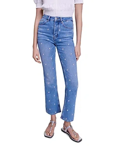 Maje Womens Bleus Embroidered Sun Flared-leg High-rise Stretch-denim Jeans In Ecru