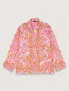 Maje Patterned Flowing Linen Shirt In Orange Pink Flowers Print