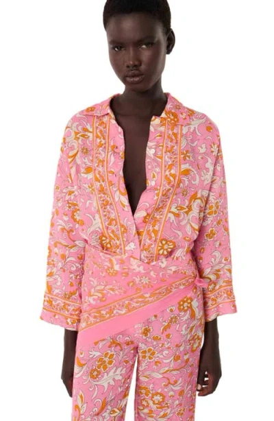 Maje Patterned Flowing Linen Shirt In Orange Pink Flowers Print