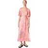 Maje Ritalen Butterfly-sleeve Midi Dress In Orange Pink Flowers Print