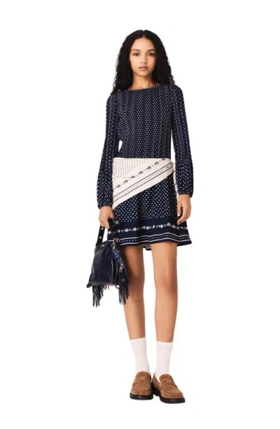 Maje Womens Navy Polka Dot Bandana Patterned Pleated Chiffon Midi Dress In Blue