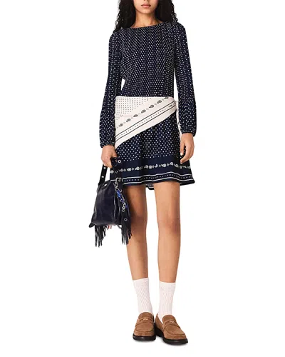 Maje Womens Navy Polka Dot Bandana Patterned Pleated Chiffon Midi Dress In Blue