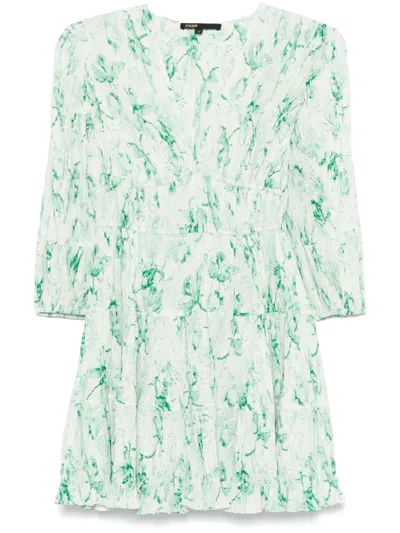 Maje Patterned Pleated Mini Dress In Green