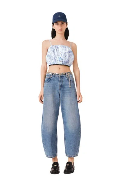 Maje Patterned Top With Straps In Sky Blue Large Flowers Print