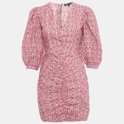 Pre-owned Maje Pink Floral Print Cotton Broderie Anglaise Ruche Mini Dress S