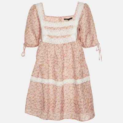 Pre-owned Maje Pink Floral Print Linen Blend Lace Trim Dress S