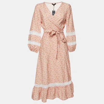 Pre-owned Maje Pink Floral Print Linen Blend Wrap Restella Midi Dress M
