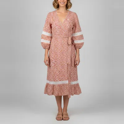 Pre-owned Maje Pink Floral Print Linen Blend Wrap Restella Midi Dress S