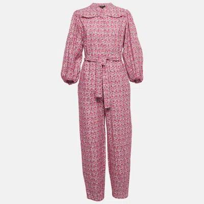 Pre-owned Maje Pink Imprime Fleu Print Cotton Puff Sleeve Jumpsuit M