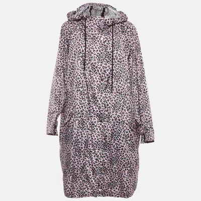 Maje Pink Leopard Print Synthetic Zip-up Hooded Long Coat In Black