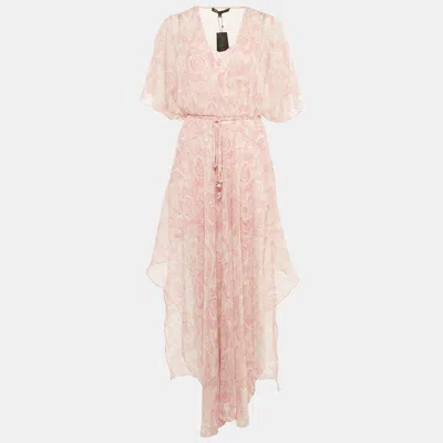 Pre-owned Maje Pink Paisley Print Lurex Crepe Asymmetric Flared Scarf Dress S