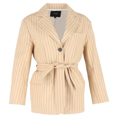 Maje Pinstriped Belted Balzer In Nude Cotton In Brown